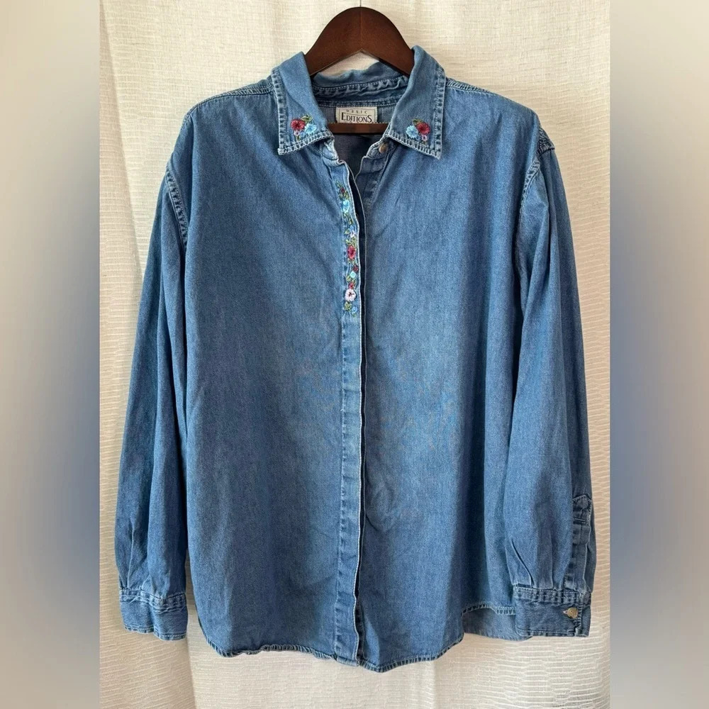 VTG Basic Edition Plus Denim Floral Embroidered Button Up Grannycore Size 20w